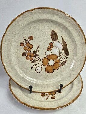 TWO Hearthside Autumn Fair Salad Plates Baroque Line Brown & White Flowers